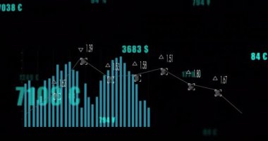 Şebeke üzerinde finansal veri işleme animasyonu. Küresel seyahat, finans, iş, bağlantılar, hesaplama ve veri işleme kavramı dijital olarak oluşturuldu.