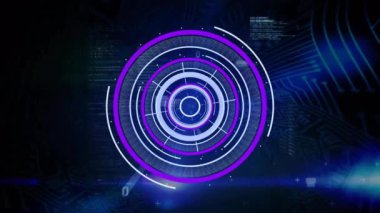 Siyah arkaplanda veri işleme üzerinde tarama kapsamı animasyonu. Teknoloji, bilgisayar ve dijital arayüz kavramı dijital olarak oluşturuldu.