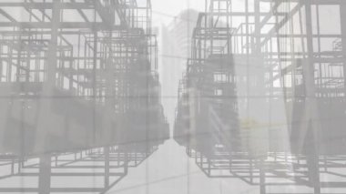 Dijital şehirde veri işleme animasyonu ve beyaz arka planda şehir manzarası. Küresel iş, finans ve dijital arayüz kavramı dijital olarak oluşturulmuş video.