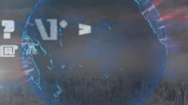 Şehir manzarası üzerindeki dünya haritası ve dünya haritası ile veri işleme animasyonu. Küresel teknoloji, bilgisayar ve dijital arayüz kavramı dijital olarak oluşturulmuş video.