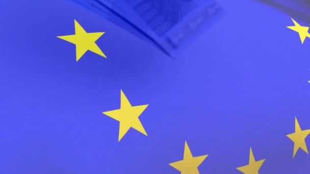 Animación Bandera Unión Europea Sobre Los Billetes Euro Finanzas Globales — Vídeo de stock