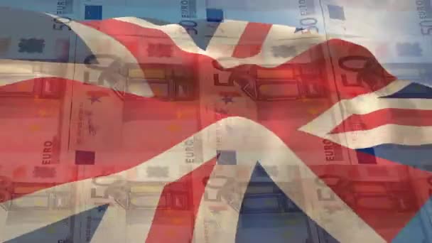 Animación Bandera Gran Bretaña Sobre Billetes Euro Finanzas Globales Negocios — Vídeos de Stock