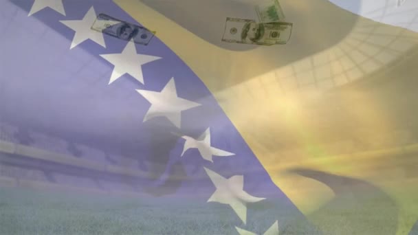 Animacja Flagi Bośniackiej Tutaj Nad Amerykańskimi Banknotami Dolarowymi Globalne Finanse — Wideo stockowe