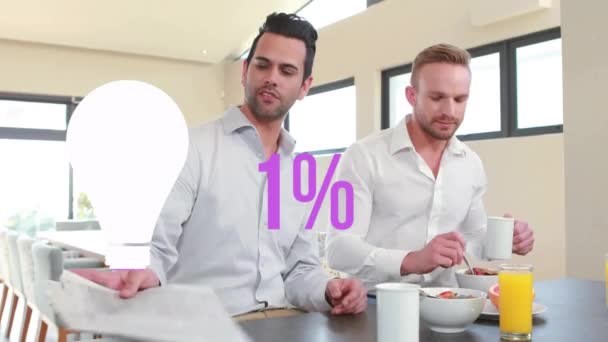 Animation Purple Light Bulb Percent Caucasian Gay Couple Having Breakfast — стоковое видео