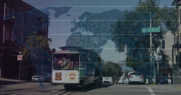Animation Της Επεξεργασίας Δεδομένων Και Παγκόσμιο Χάρτη Πάνω Από Αυτοκίνητα — Αρχείο Βίντεο