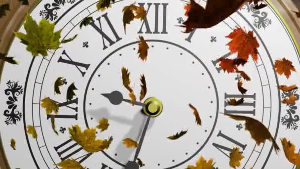 Animation Του Φθινοπώρου Φύλλα Πάνω Από Κινούμενο Ρολόι Χρόνος Εποχές — Αρχείο Βίντεο