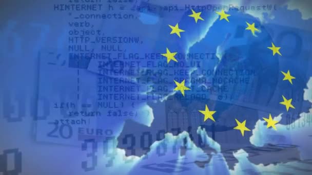 Animação Bandeira União Europeia Mapa Europa Sobre Notas Euro Conceito — Vídeo de Stock