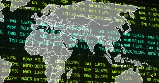 Animation Der Verarbeitung Von Finanzdaten Über Die Weltkarte Globales Reise — Stockvideo