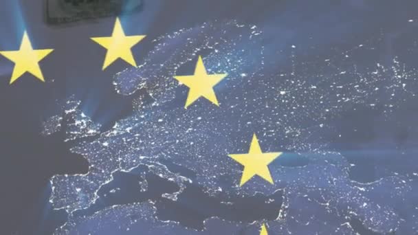 Κινούμενη Σημαία Της Ευρωπαϊκής Ένωσης Και Σημαία Της Ευρώπης Πάνω — Αρχείο Βίντεο