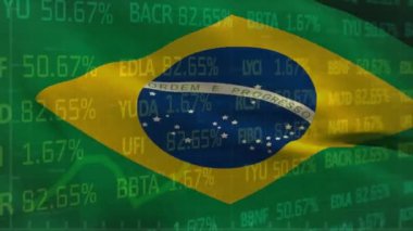 Brezilya bayrağı üzerinde grafik ve finansal veri işleme animasyonu. Ulusal ekonomi, seyahat, veri, finans, dijital arayüz, iş ve iletişim, dijital olarak oluşturulmuş video.