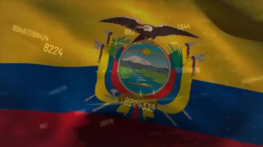 Ekvador bayrağı üzerinde grafik ve veri işleme animasyonu. Ulusal ekonomi, seyahat, veri, finans, dijital arayüz, iş ve iletişim, dijital olarak oluşturulmuş video.