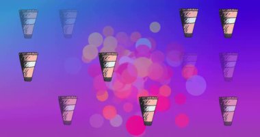 Mavi ve pembe ışık lekeleri üzerine makyaj kremi tüplerinin animasyonu. Moda, güzellik, makyaj, sosyal medya, dijital arayüz ve iletişim arka planı, dijital olarak oluşturulmuş video.