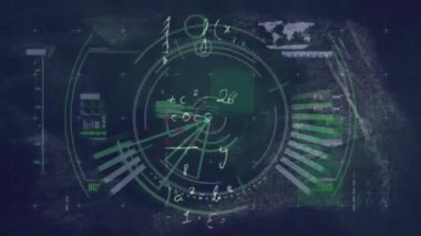 Dairesel tarayıcının animasyonu, matematiksel denklemler ve karanlık arka plandaki veriler. Matematik, veri, işleme, dijital arayüz, eğitim ve iletişim, dijital olarak oluşturulmuş video.