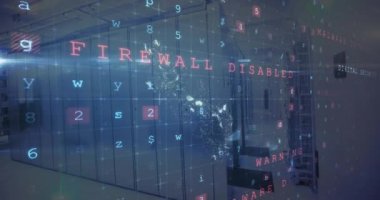 Bilgisayar sunucuları üzerinden siber güvenlik metni ve veri işleme animasyonu. Küresel finans, iş, bağlantılar, hesaplama ve veri işleme kavramı dijital olarak oluşturulmuş video.