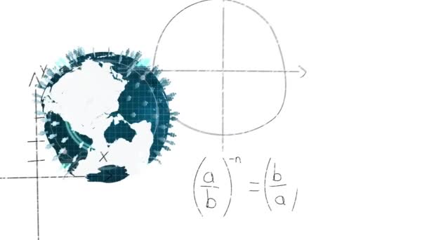 Animacja Sieci Ludzi Globie Nad Równaniami Matematycznymi Białym Tle Dane — Wideo stockowe
