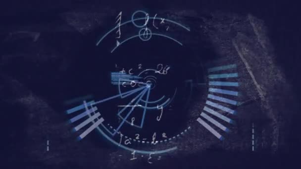 Mavi Dairesel Tarayıcının Animasyonu Koyu Mavi Üzerinde Matematiksel Denklemleri Olan — Stok video
