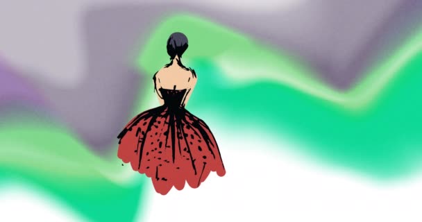 グレーとグリーンの背景に女性のドレスを描いたファッションのアニメーション ファッション スタイル レトロ デザイン ソーシャルメディア デジタルインターフェース コミュニケーションがデジタル生成されたビデオ — ストック動画