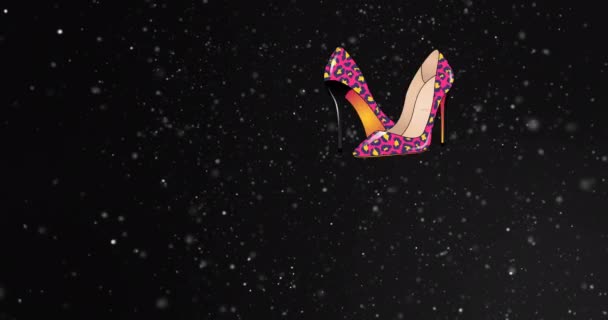 女性のピンクのアニメーション ヒョウは星空でハイヒールの靴をプリントします ファッション スタイル レトロ デザイン ソーシャルメディア デジタルインターフェース コミュニケーションデジタル生成ビデオ — ストック動画