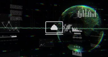 Siyah zemin üzerinde istatistik ve veri işleme animasyonları. Dijital olarak oluşturulmuş küresel yapay zeka, bağlantılar, hesaplama ve veri işleme kavramı.