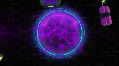 Siyah arka plandaki şekiller üzerinde oyun ve müzik simgelerinin canlandırılması. Soyut arkaplan, teknoloji, retro ve oyun, dijital olarak oluşturulmuş video.