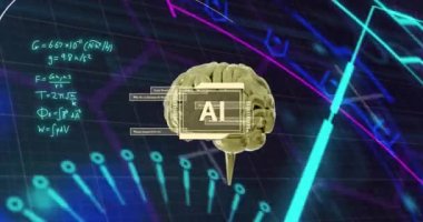 Ai metninin animasyonu, insan beyni ve matematiksel veri işleme. Dijital olarak oluşturulmuş küresel yapay zeka, bağlantılar, hesaplama ve veri işleme kavramı.