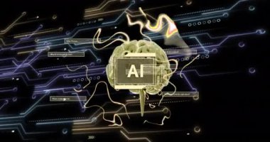 Ai metninin animasyonu, insan beyni ve veri işleme. Dijital olarak oluşturulmuş küresel yapay zeka, bağlantılar, hesaplama ve veri işleme kavramı.