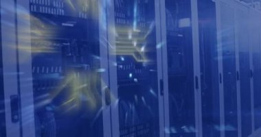 Bilgisayar sunucuları üzerinden veri işleme animasyonu. Dijital olarak oluşturulmuş küresel yapay zeka, bağlantılar, hesaplama ve veri işleme kavramı.