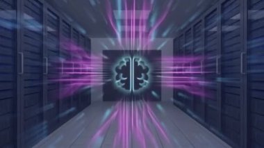 Bilgisayar sunucuları üzerinden bağlantı ve veri işleme animasyonları. Küresel finans, iş, bağlantılar, hesaplama ve veri işleme kavramı dijital olarak oluşturulmuş video.