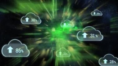 Yüzde yüz bulutların canlandırılması ve kara arkaplanda veri işleme. Dijital olarak oluşturulmuş küresel yapay zeka, bağlantılar, hesaplama ve veri işleme kavramı.