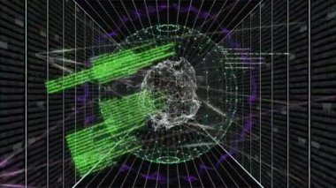 Bilgisayar sunucuları üzerinden küresel ve veri işleme animasyonu. Küresel finans, iş, bağlantılar, hesaplama ve veri işleme kavramı dijital olarak oluşturulmuş video.