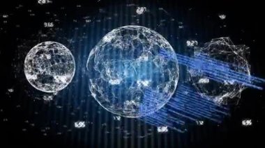 Dünya üzerinde veri işleme animasyonu. Küresel iş, bağlantılar, hesaplama ve veri işleme kavramı dijital olarak oluşturulmuş video.