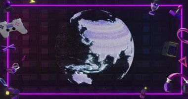 Oyun ikonlarının ve şekillerin üzerindeki kürenin animasyonu. Soyut arkaplan, teknoloji, retro ve oyun, dijital olarak oluşturulmuş video.