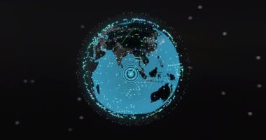 Siyah arkaplanda dönen parlak mavi bağlantı ağının animasyonu. Dijital olarak oluşturulmuş küresel bağlantılar, hesaplama ve veri işleme kavramı.