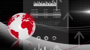 Dünya üzerinde kara zemin üzerinde ok ve veri işleme animasyonları. Dijital olarak oluşturulmuş küresel yapay zeka, bağlantılar, hesaplama ve veri işleme kavramı.