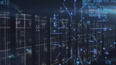 Bilgisayar sunucuları üzerinden bağlantı ve veri işleme animasyonları. Küresel finans, iş, bağlantılar, hesaplama ve veri işleme kavramı dijital olarak oluşturulmuş video.