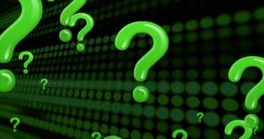 Soru işaretlerinin animasyonu ve siyah arkaplan üzerindeki bağlantı ağı. Dijital olarak oluşturulmuş küresel yapay zeka, bağlantılar, hesaplama ve veri işleme kavramı.