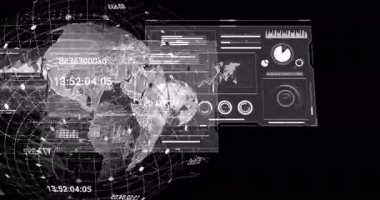 Siyah zemin üzerinde ekran ve veri işleme animasyonu. Dijital olarak oluşturulmuş küresel yapay zeka, bağlantılar, hesaplama ve veri işleme kavramı.