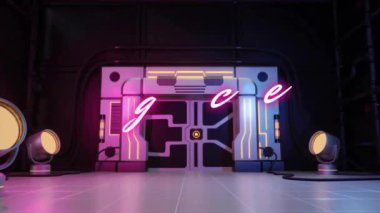 Siber tünelde yüksek skorlu metin animasyonu. Soyut arkaplan, teknoloji, retro ve oyun, dijital olarak oluşturulmuş video.