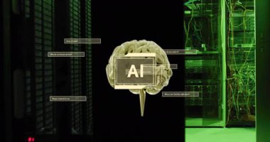 Bilgisayar sunucuları üzerinde beyin ve veri işleme ile ai metin animasyonu. Küresel finans, iş, bağlantılar, hesaplama ve veri işleme kavramı dijital olarak oluşturulmuş video.