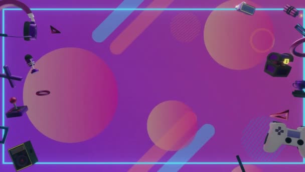 紫色の背景の形の上にゲームや音楽のアイコンのアニメーション 抽象的な背景 レトロ ゲーム デジタル生成されたビデオ — ストック動画