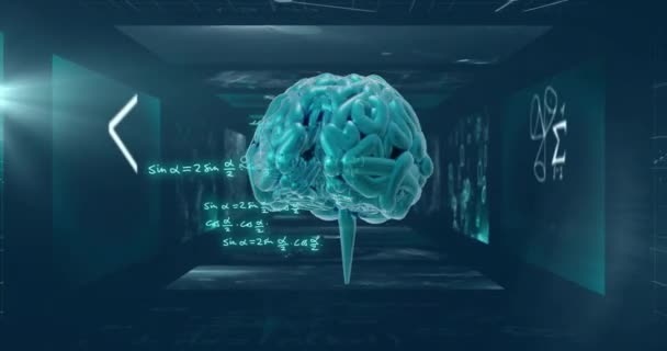 Animering Mänsklig Hjärna Och Matematisk Databehandling Grön Bakgrund Global Artificiell — Stockvideo