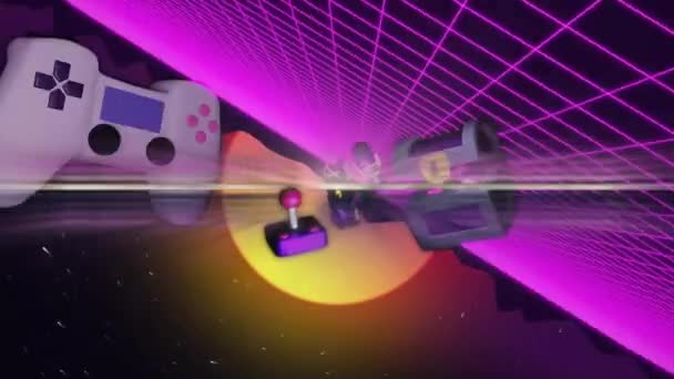 ゲームアイコンのアニメーションとデジタル太陽の上に高いスコアテキスト 抽象的な背景 レトロ ゲーム デジタル生成されたビデオ — ストック動画