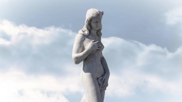 Анимация Серой Скульптуры Женщины Над Голубым Небом Облаками Абстрактный Бэкграунд — стоковое видео