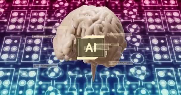 Animering Aitext Mänsklig Hjärna Och Databehandling Global Artificiell Intelligens Anslutningar — Stockvideo
