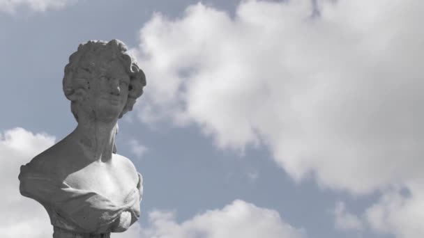 Анимация Серой Скульптуры Человека Над Голубым Небом Облаками Скопировать Пространство — стоковое видео
