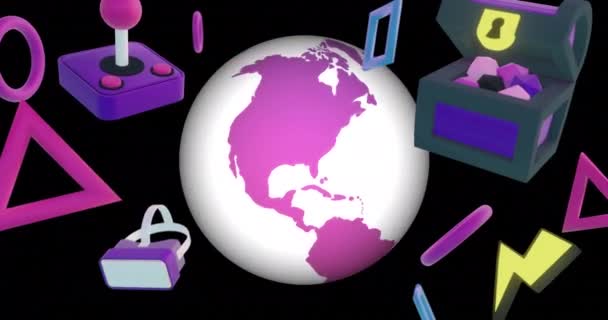 ブラックバックグラウンドでゲームアイコンと地球のアニメーション 抽象的な背景 レトロ ゲーム デジタル生成されたビデオ — ストック動画