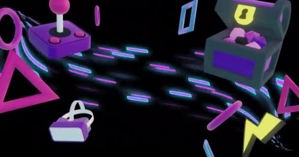 ネオンシェイプ上のゲームアイコンのアニメーション 抽象的な背景 レトロ ゲーム デジタル生成されたビデオ — ストック動画