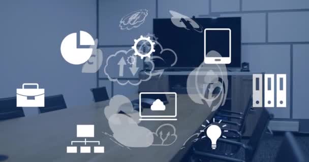 オフィスの机上のアイコンとデータ処理を用いた地球のアニメーション グローバル人工知能 コンピューティング データ処理コンセプトデジタル生成ビデオ — ストック動画
