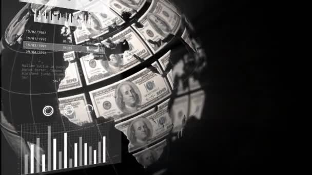 Animáció Adatfeldolgozásról Világszerte Amerikai Dollárbankjegyekkel Fekete Háttérrel Globális Mesterséges Intelligencia — Stock videók