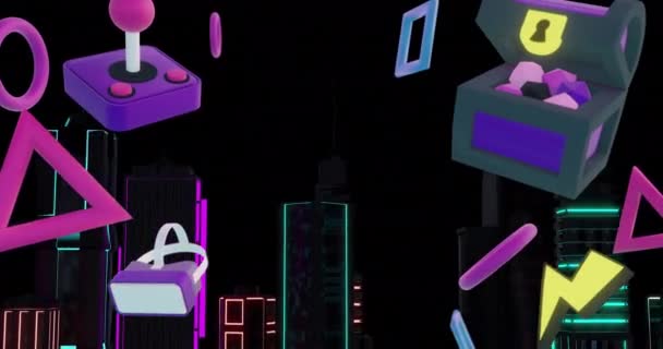 Animación Iconos Juegos Sobre Ciudad Digital Fondo Abstracto Tecnología Retro — Vídeo de stock